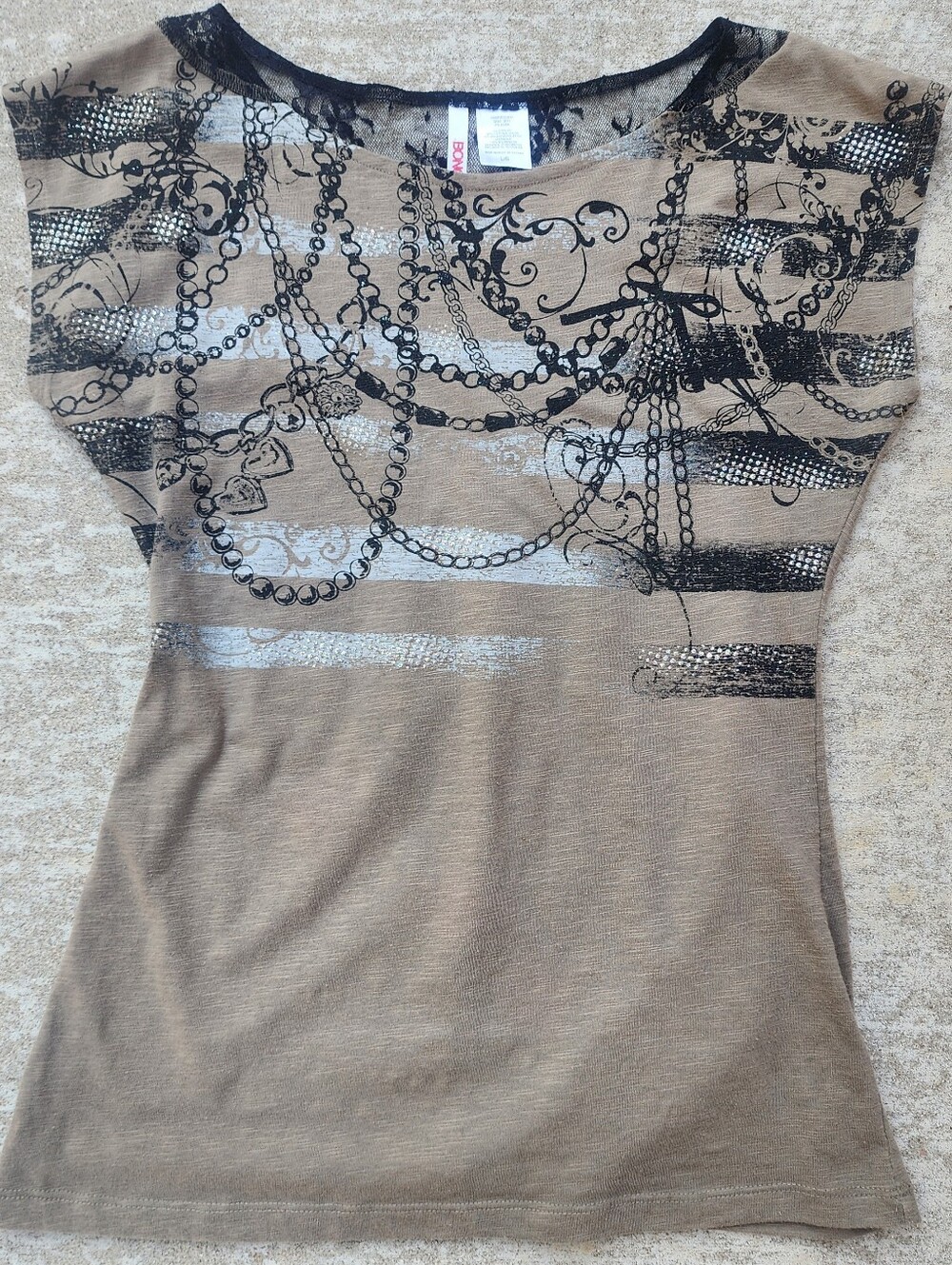 BONGO Y2K Vintage Grunge Dusty Gray Black Chains Bow Print Graphic, Size L